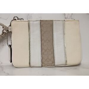 COACH Vintage Signature Cream, White & Tan Striped Wristlet - EUC
